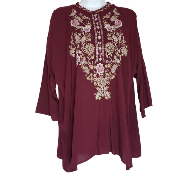 Grand & Greene Tunic Top Large Burgundy Floral Embroidered Button Front - Picture 5 of 13